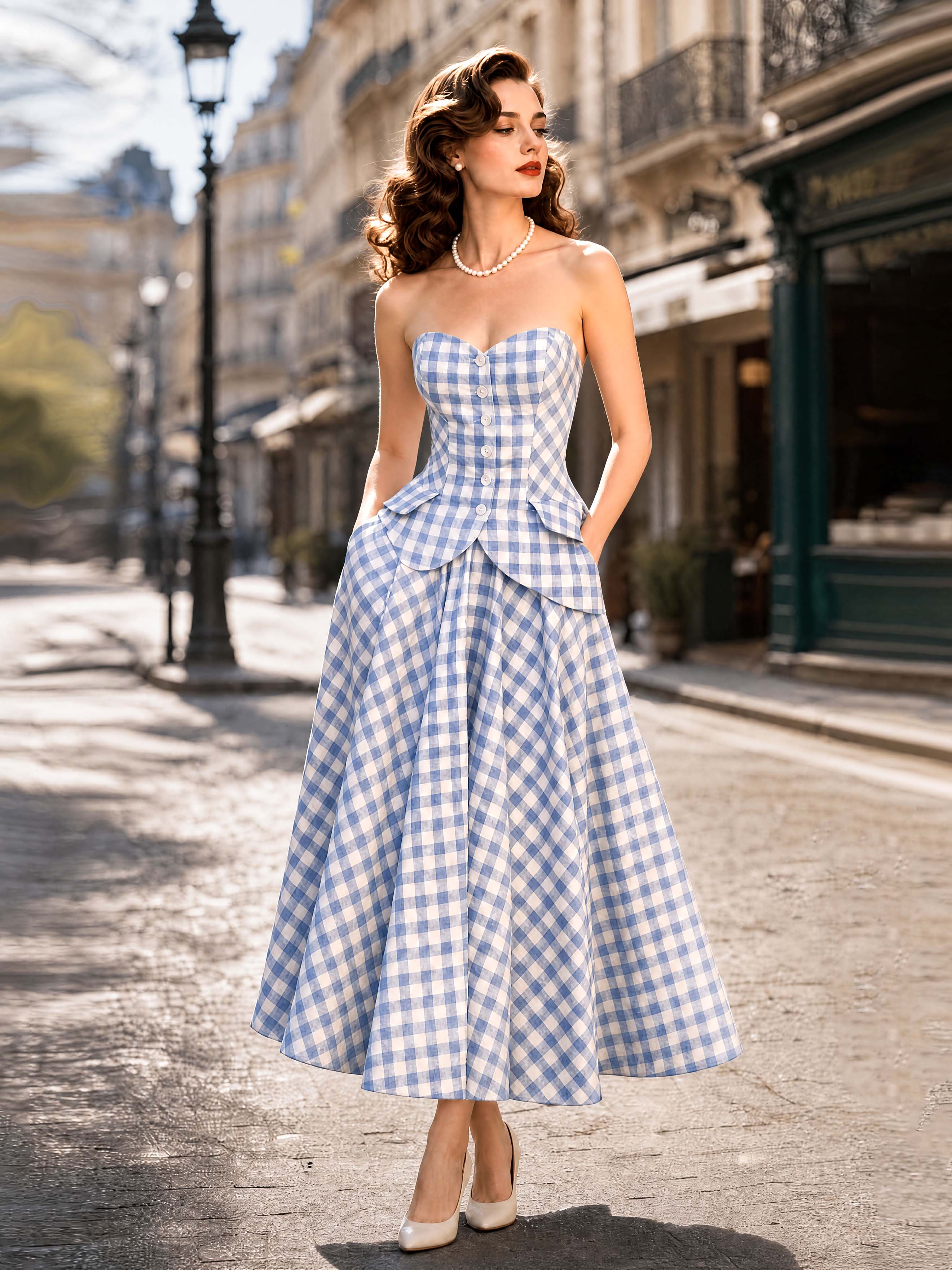 Vintage Blue Gingham Strapless Dress Set