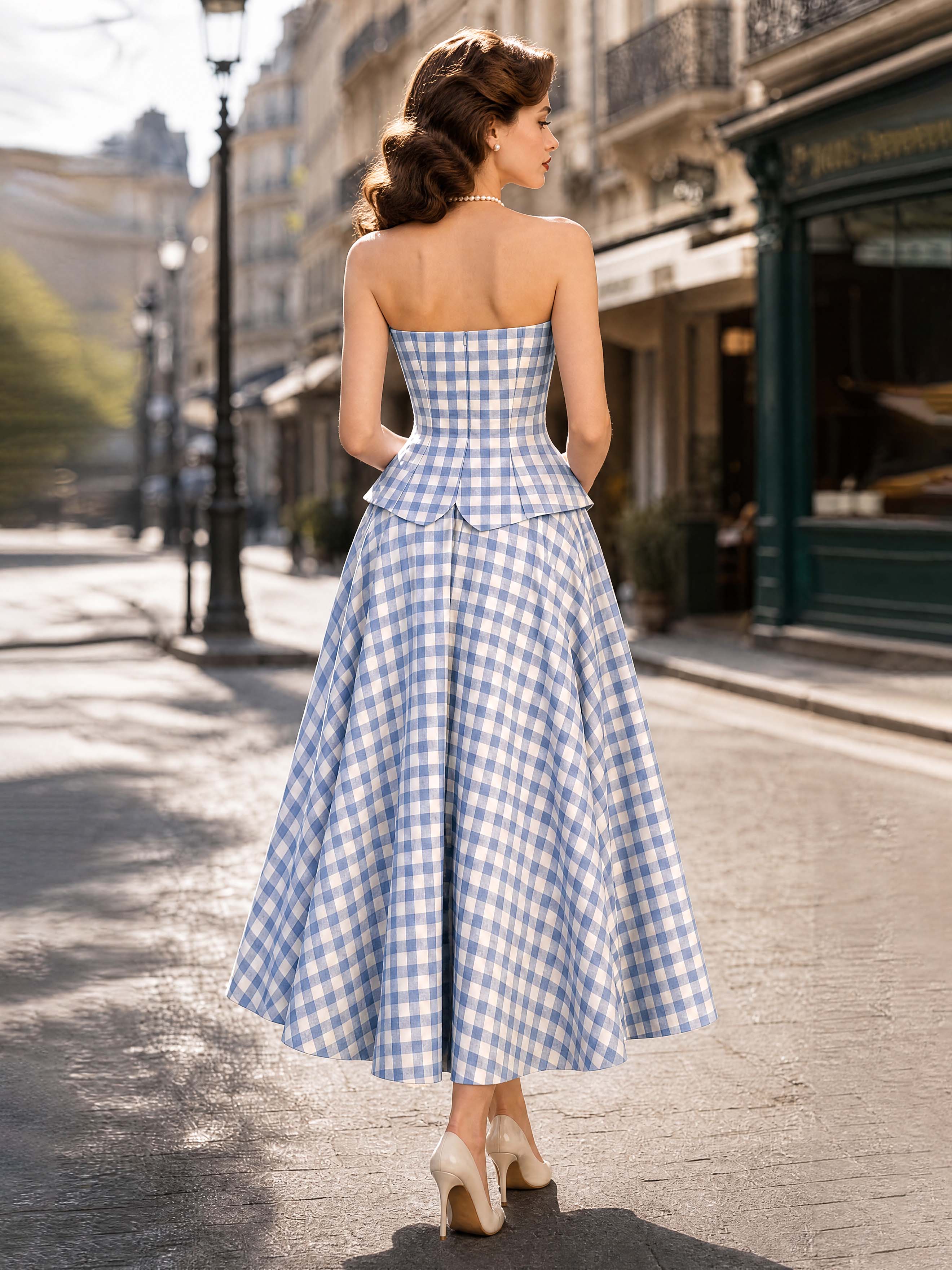 Vintage Blue Gingham Strapless Dress Set