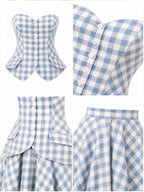 Vintage Blue Gingham Strapless Dress Set