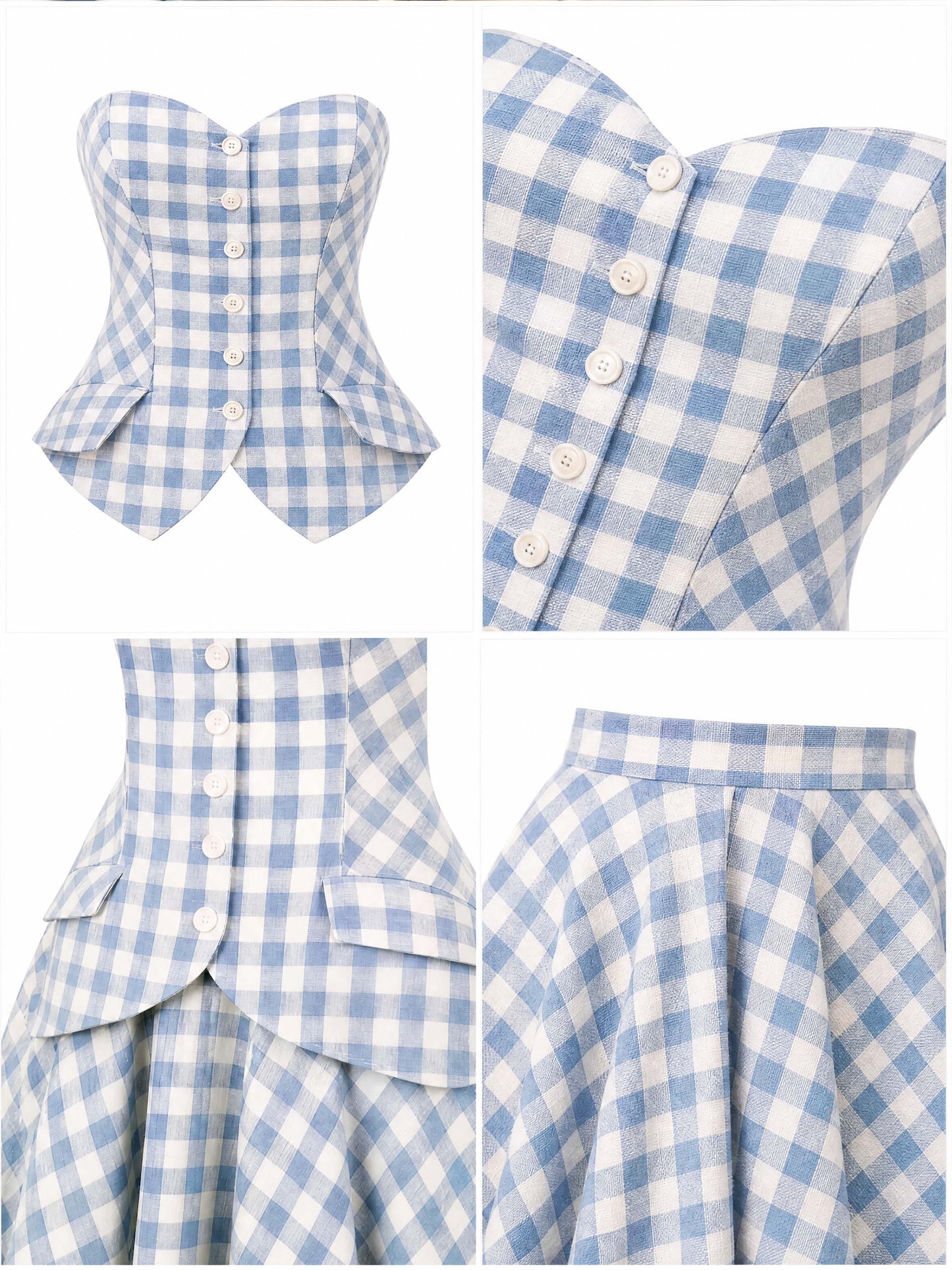 Vintage Blue Gingham Strapless Dress Set