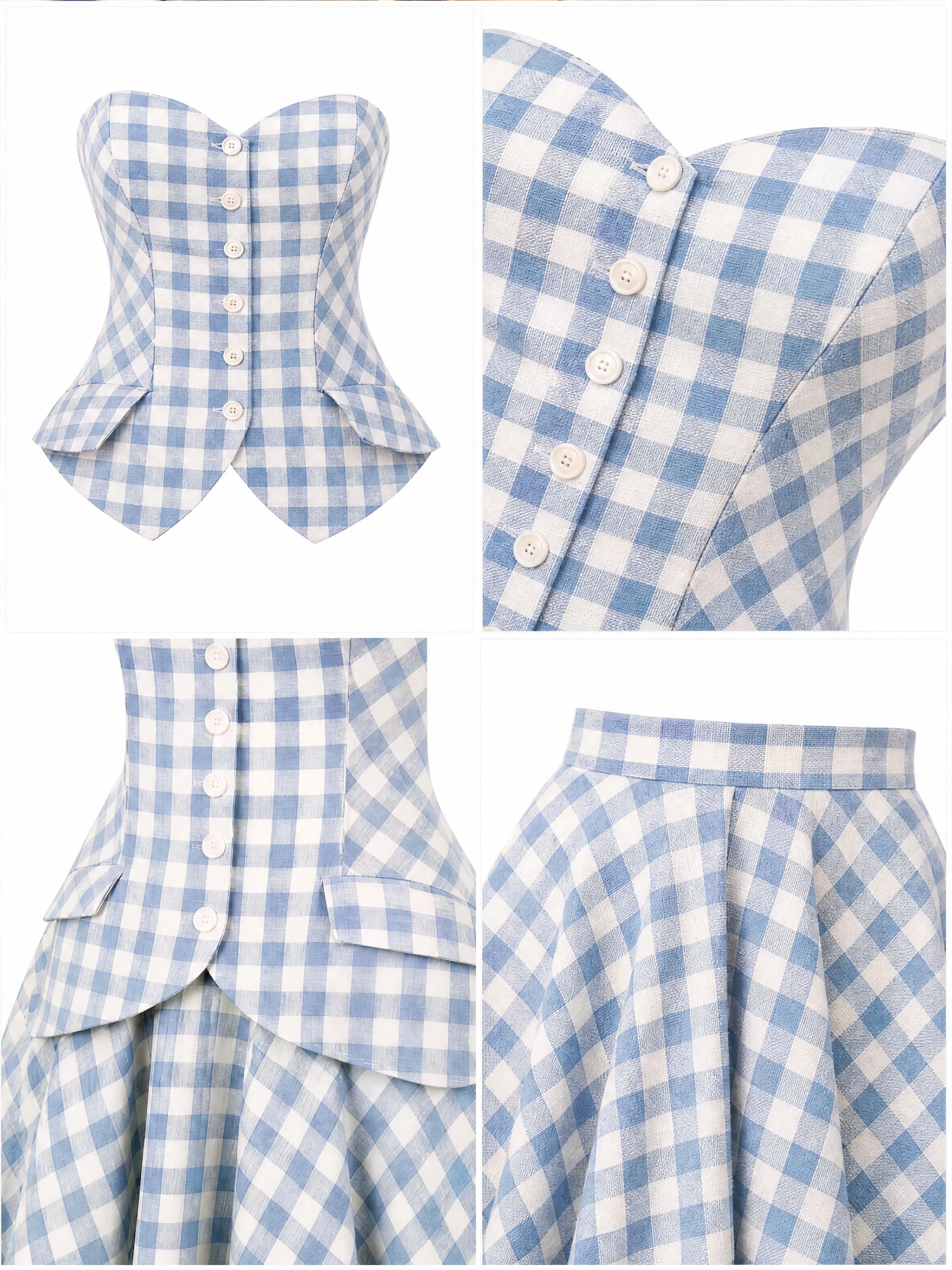 Vintage Blue Gingham Strapless Dress Set