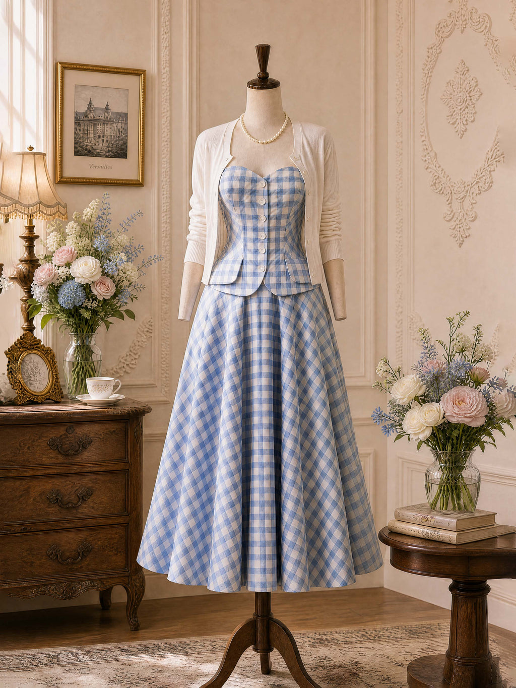 Vintage Blue Gingham Strapless Dress Set
