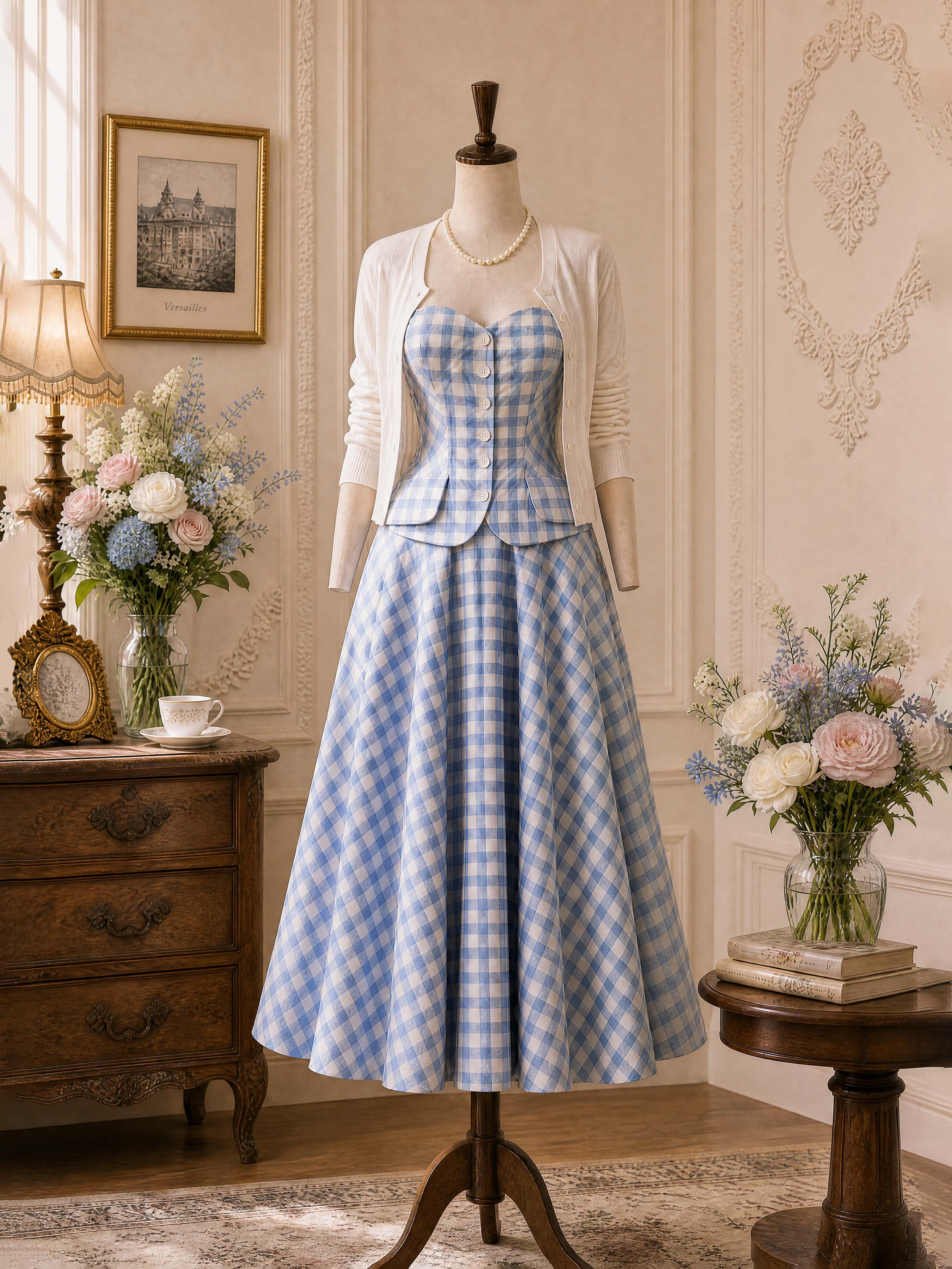Vintage Blue Gingham Strapless Dress Set