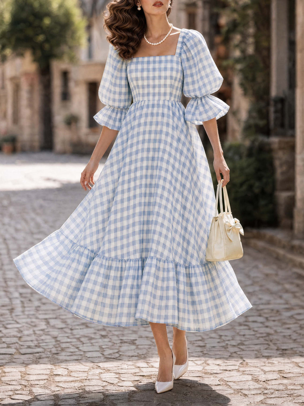 Gingham Square Neck Puff Sleeve Maxi Dress