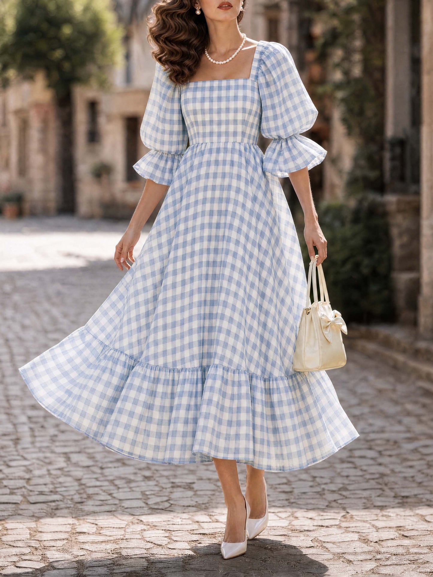 Gingham Square Neck Puff Sleeve Maxi Dress