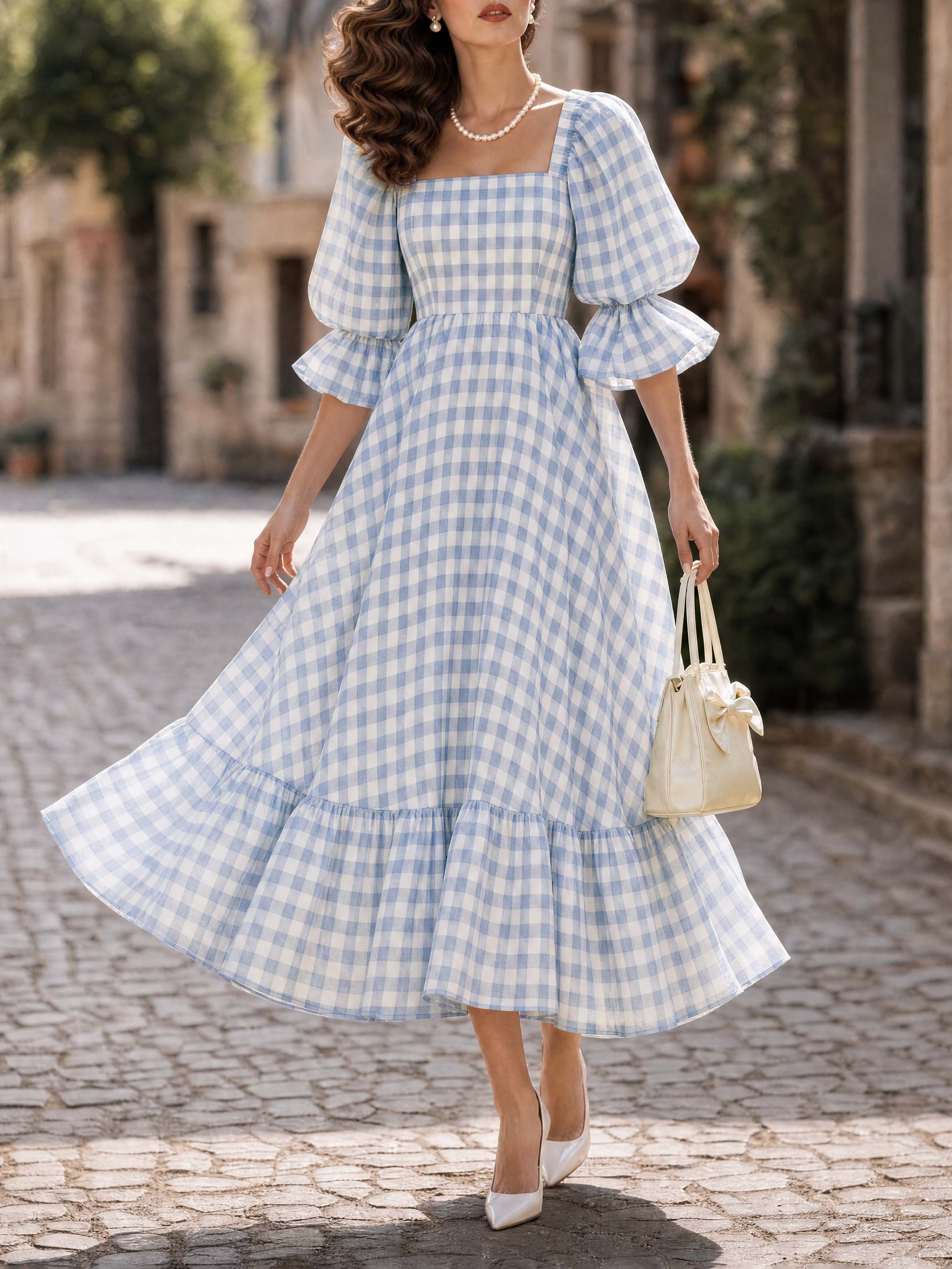 Gingham Square Neck Puff Sleeve Maxi Dress
