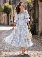Gingham Square Neck Puff Sleeve Maxi Dress