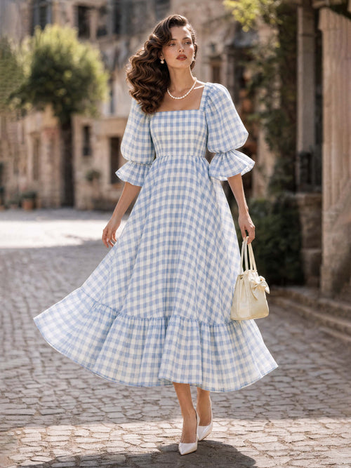 Gingham Square Neck Puff Sleeve Maxi Dress