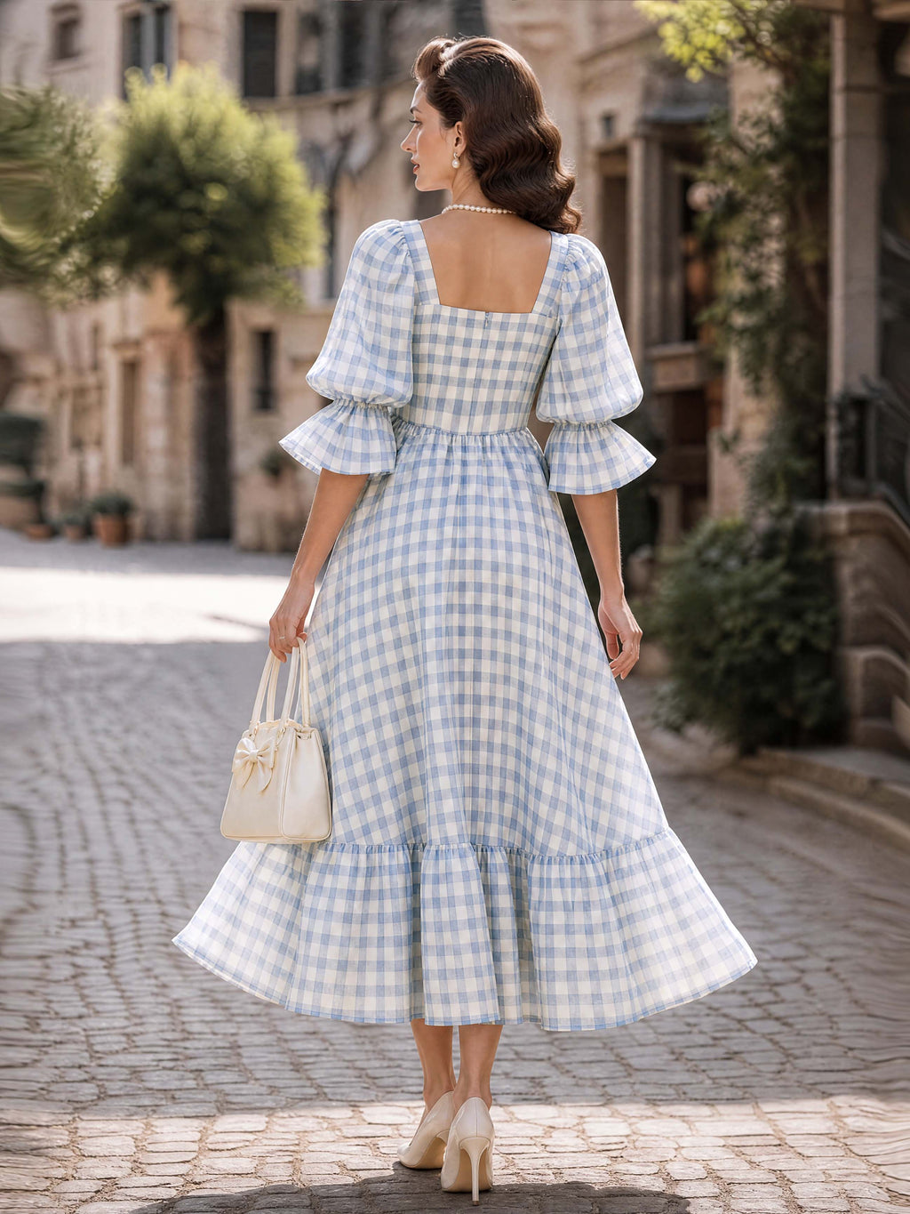 Gingham Square Neck Puff Sleeve Maxi Dress