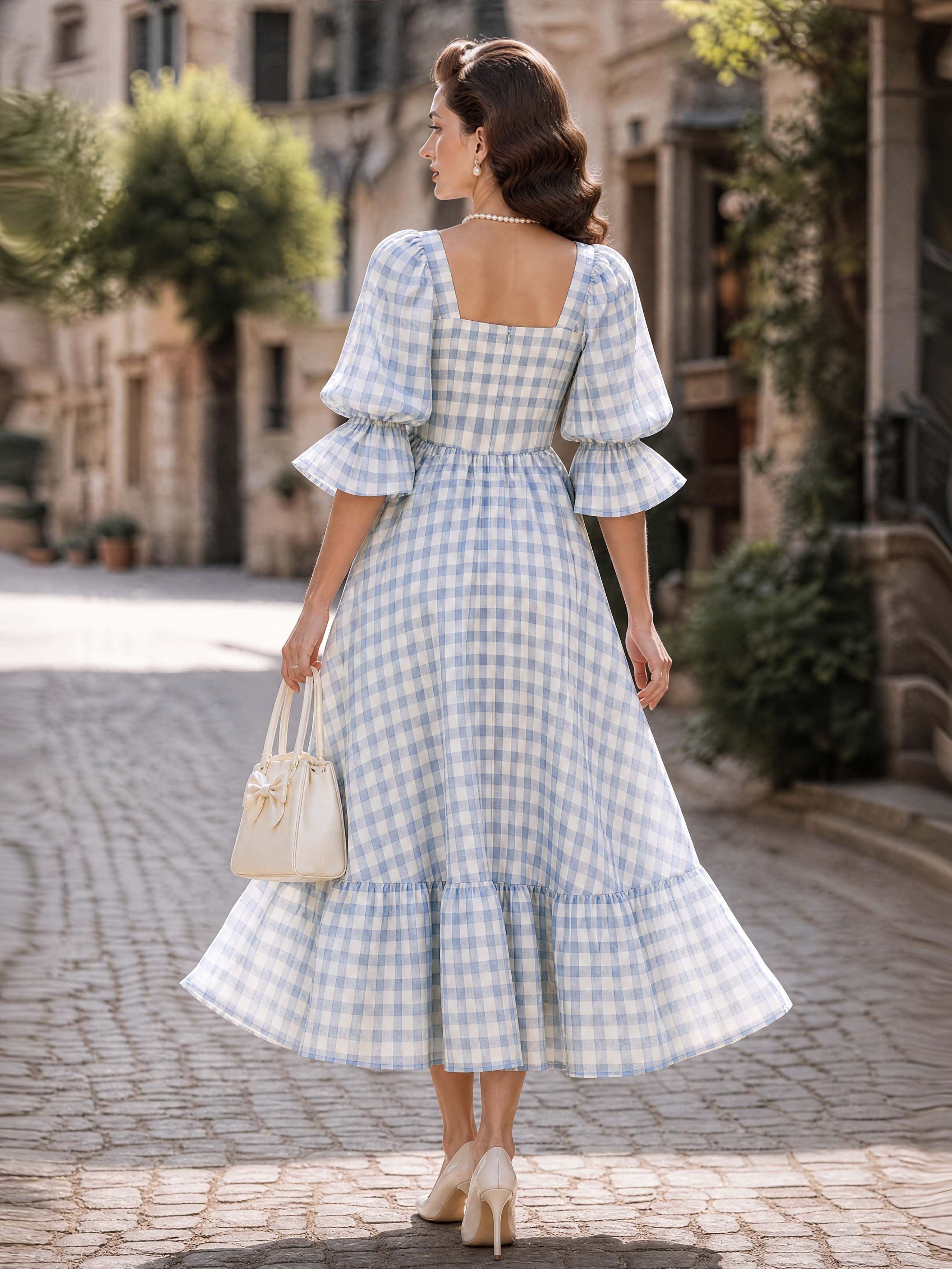 Gingham Square Neck Puff Sleeve Maxi Dress