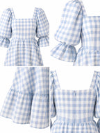 Gingham Square Neck Puff Sleeve Maxi Dress