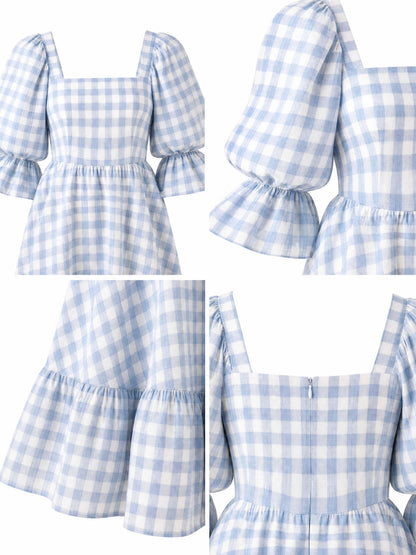 Gingham Square Neck Puff Sleeve Maxi Dress