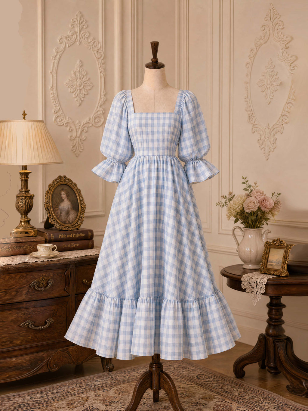 Gingham Square Neck Puff Sleeve Maxi Dress
