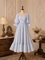 Gingham Square Neck Puff Sleeve Maxi Dress
