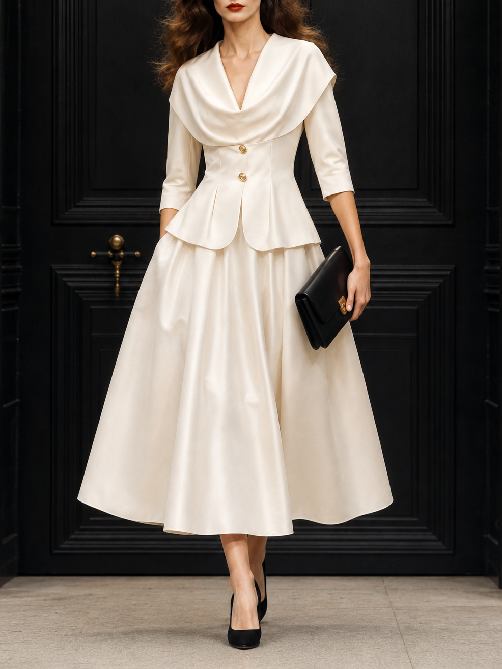 Vintage Satin Cowl Neck Top And Umbrella Skirt Two-Piece Set