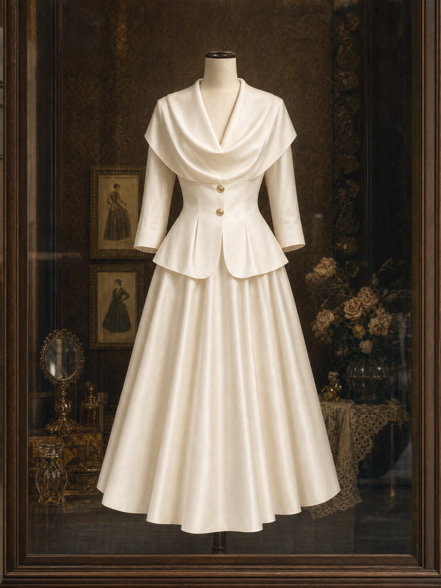 Vintage Satin Cowl Neck Top And Umbrella Skirt Two-Piece Set