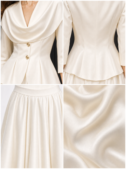 Vintage Satin Cowl Neck Top And Umbrella Skirt Two-Piece Set