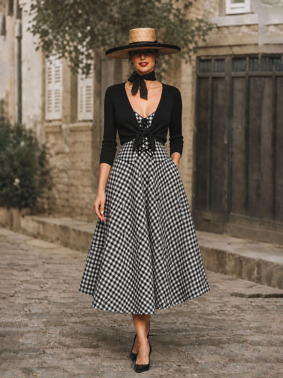Vintage Knit Cardigan& Plaid Maxi Dress Two-Piece Set