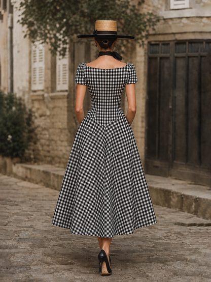 Vintage Plaid Dress & Knit Cardigan Two-Piece Set