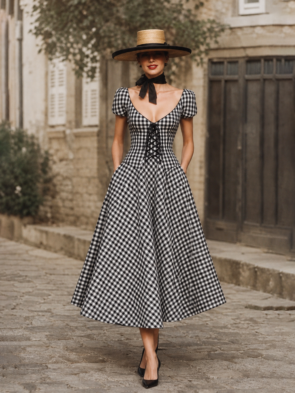 Vintage Knit Cardigan& Plaid Maxi Dress Two-Piece Set