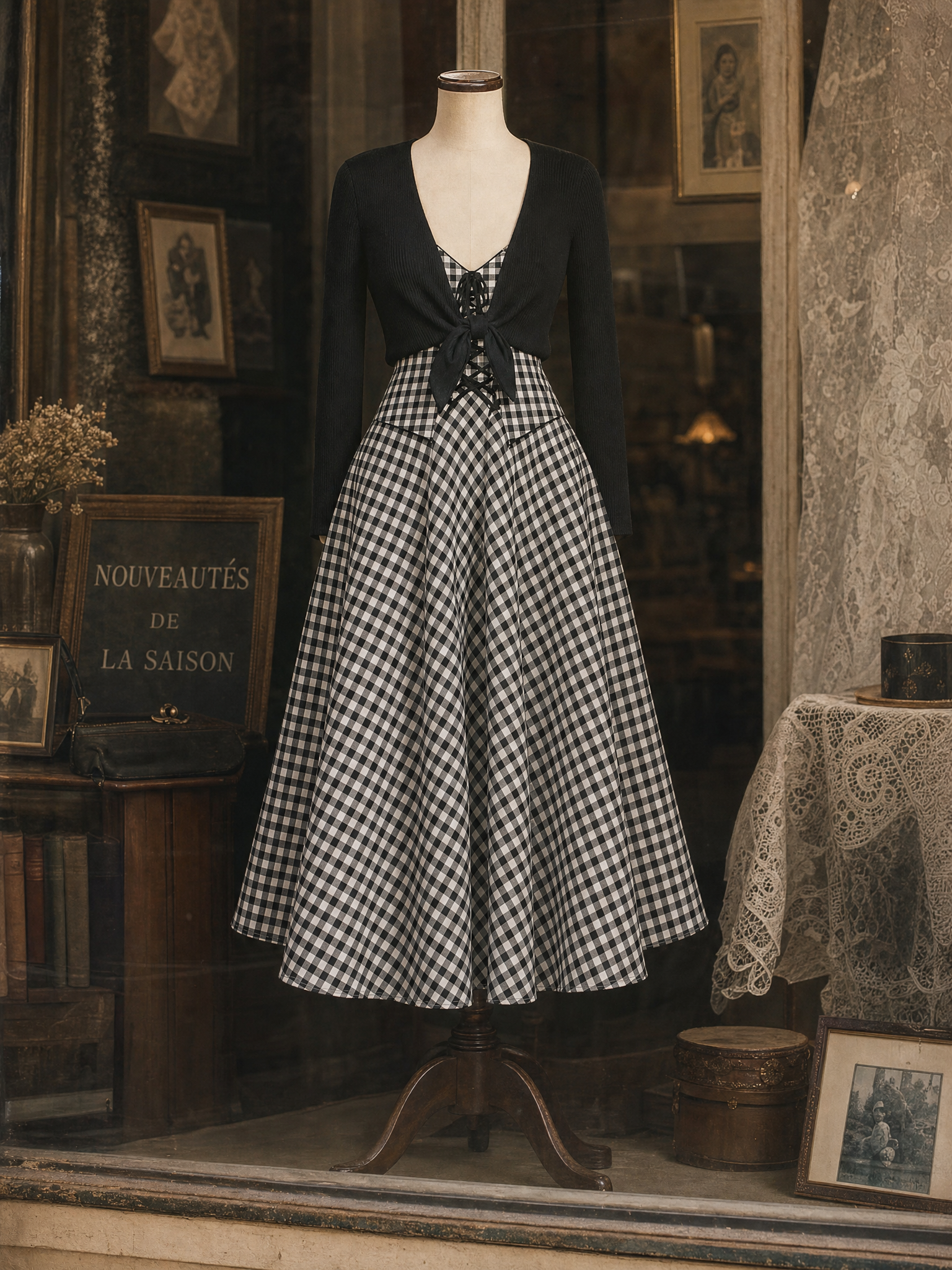 Vintage Knit Cardigan& Plaid Maxi Dress Two-Piece Set