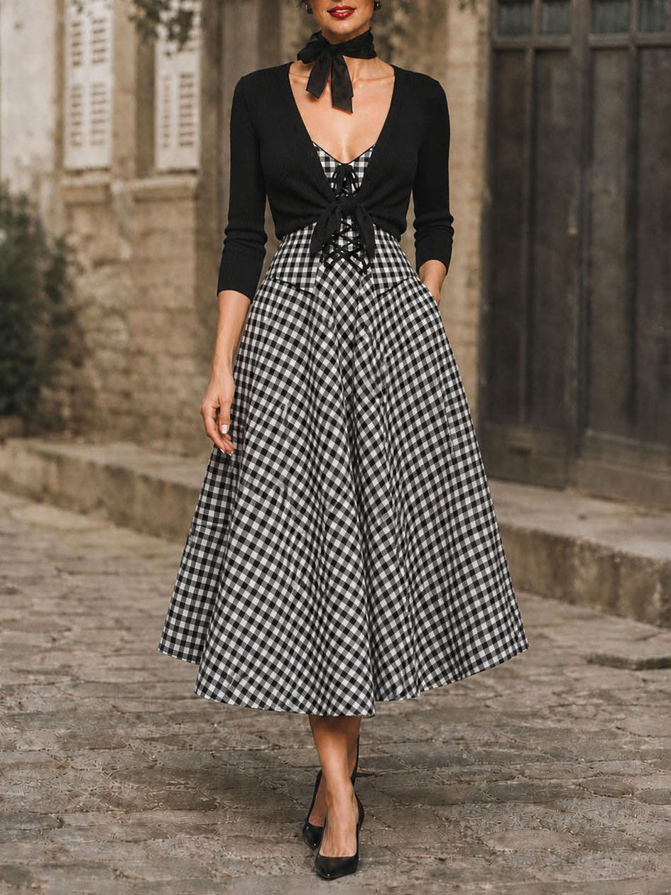 Vintage Knit Cardigan& Plaid Maxi Dress Two-Piece Set