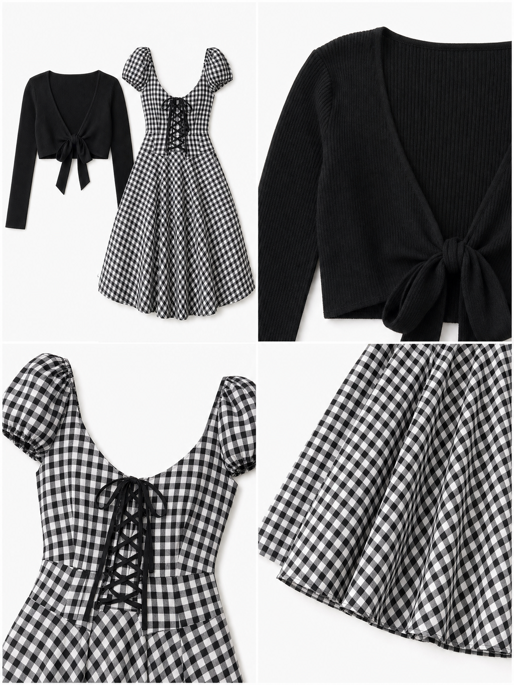 Vintage Knit Cardigan& Plaid Maxi Dress Two-Piece Set