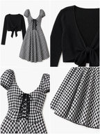 Vintage Knit Cardigan& Plaid Maxi Dress Two-Piece Set
