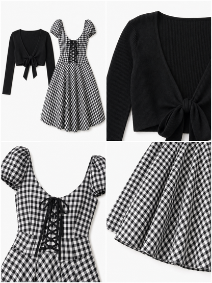 Vintage Plaid Dress & Knit Cardigan Two-Piece Set