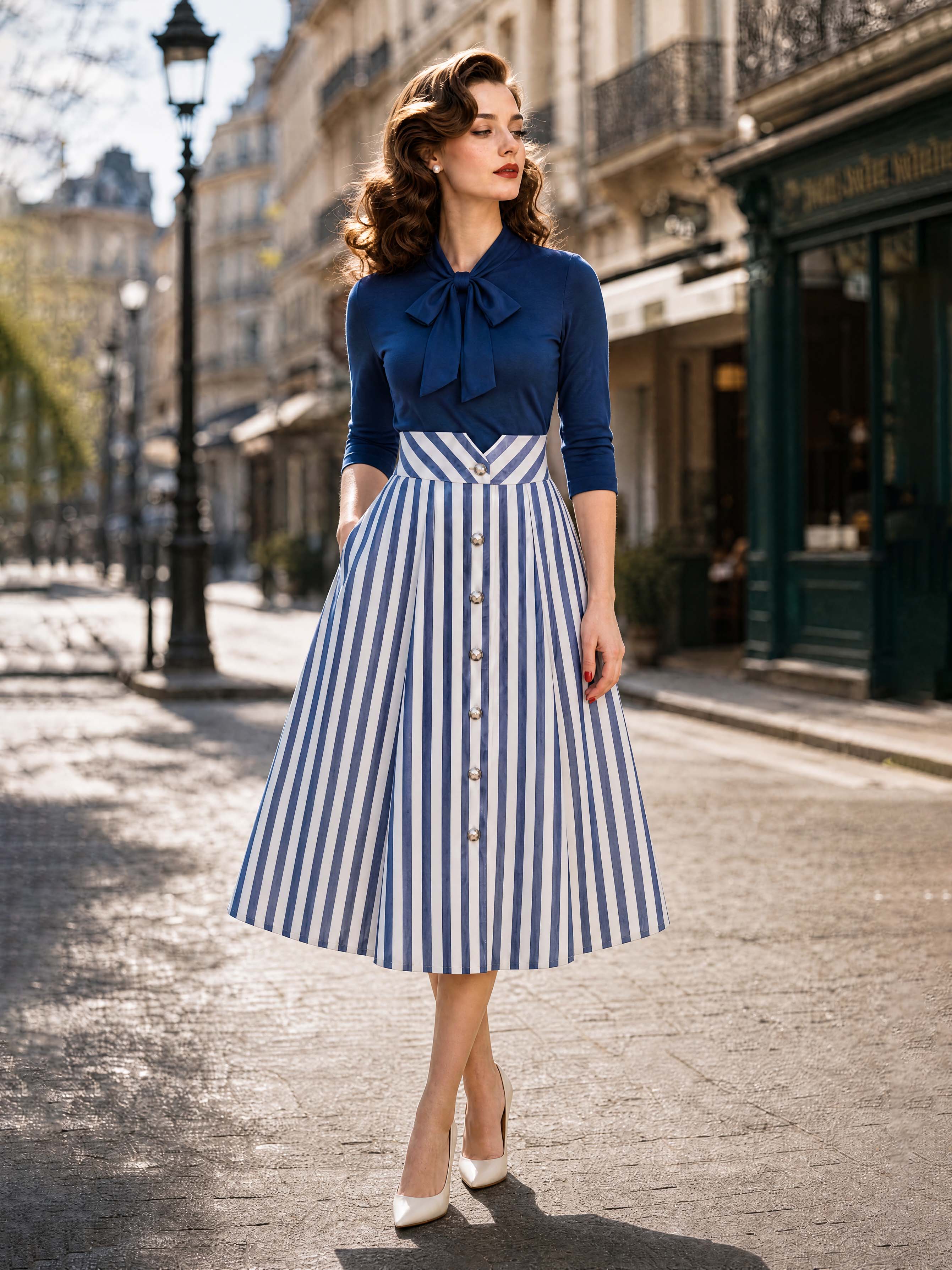 Vintage Stripe Button Front A-Line Midi Skirt