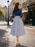 Vintage Stripe Button Front A-Line Midi Skirt