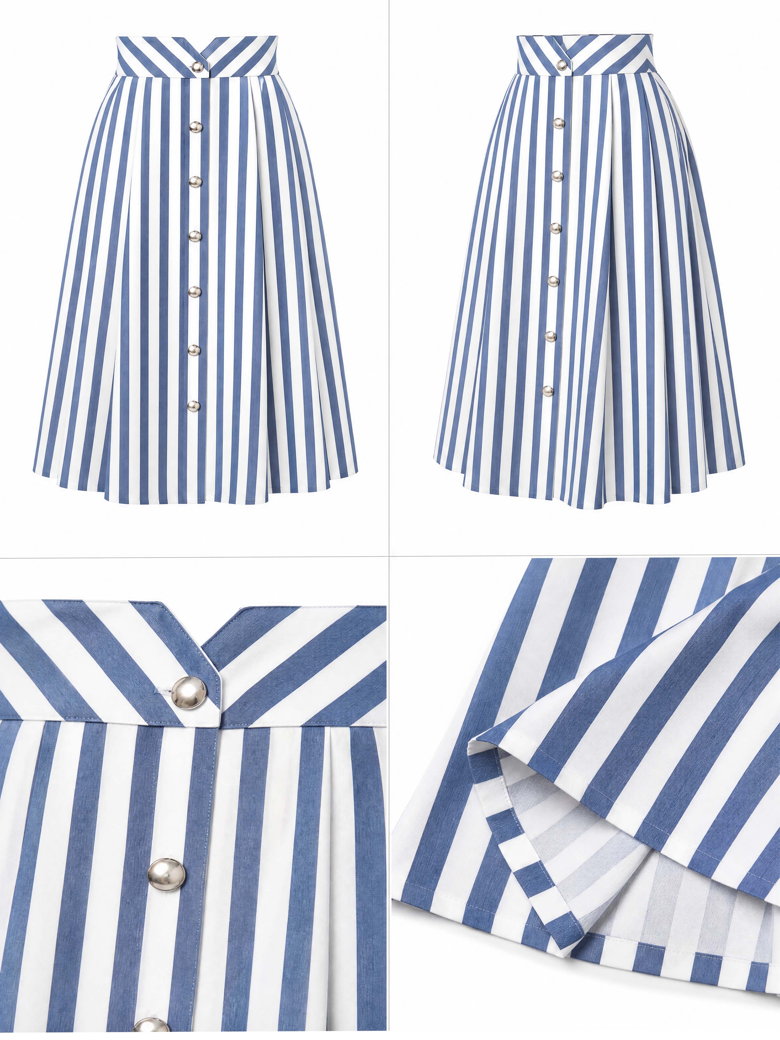 Vintage Stripe Button Front A-Line Midi Skirt