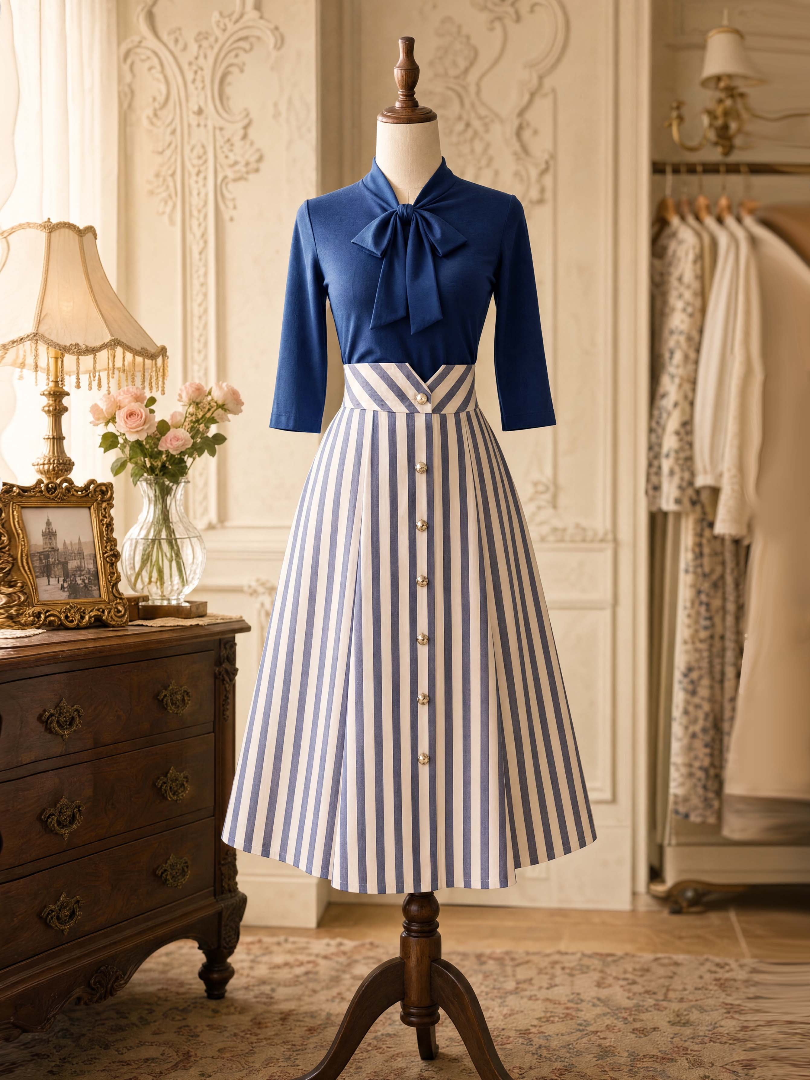 Vintage Stripe Button Front A-Line Midi Skirt