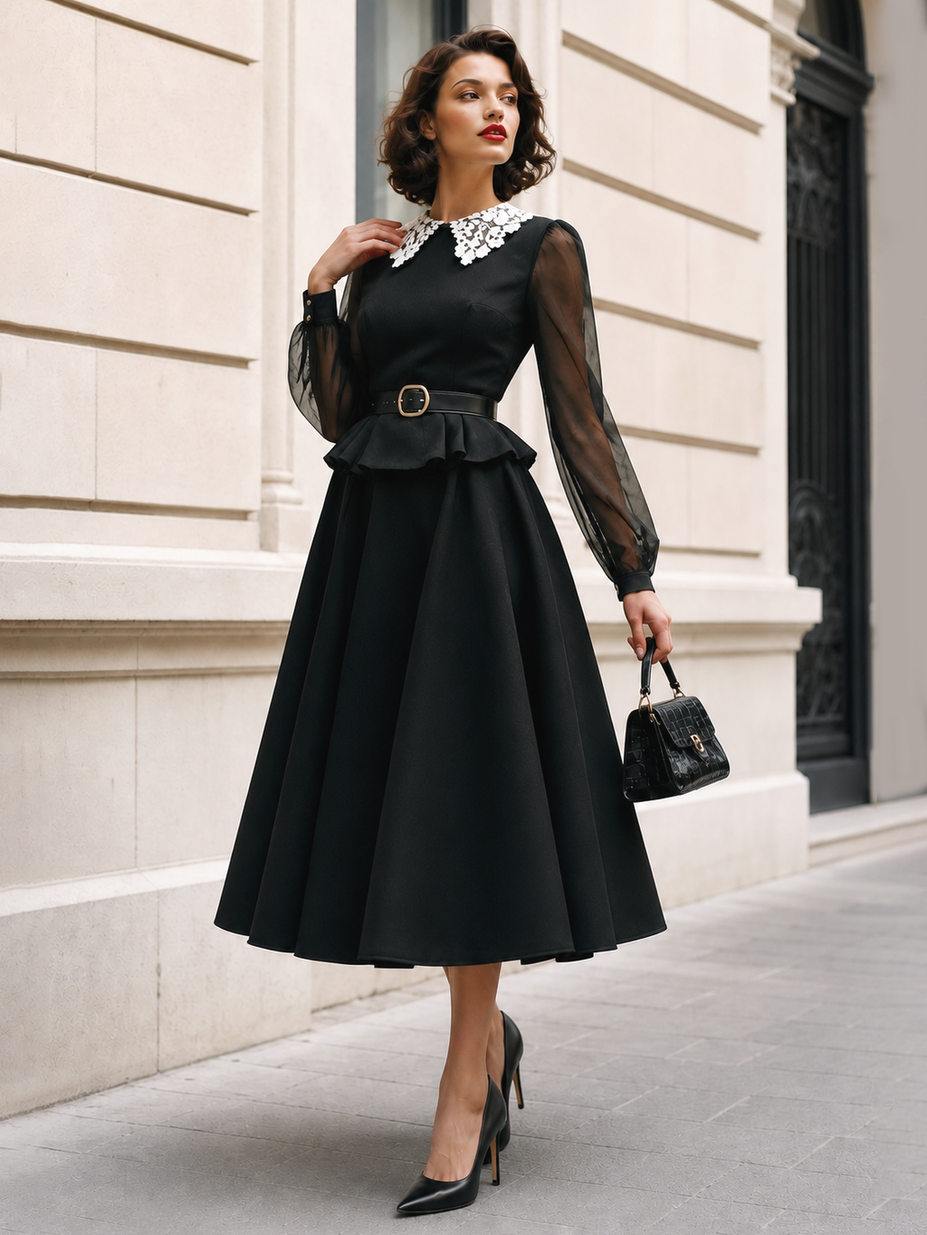 Vintage Lapel Ruffled Umbrella Midi Dress