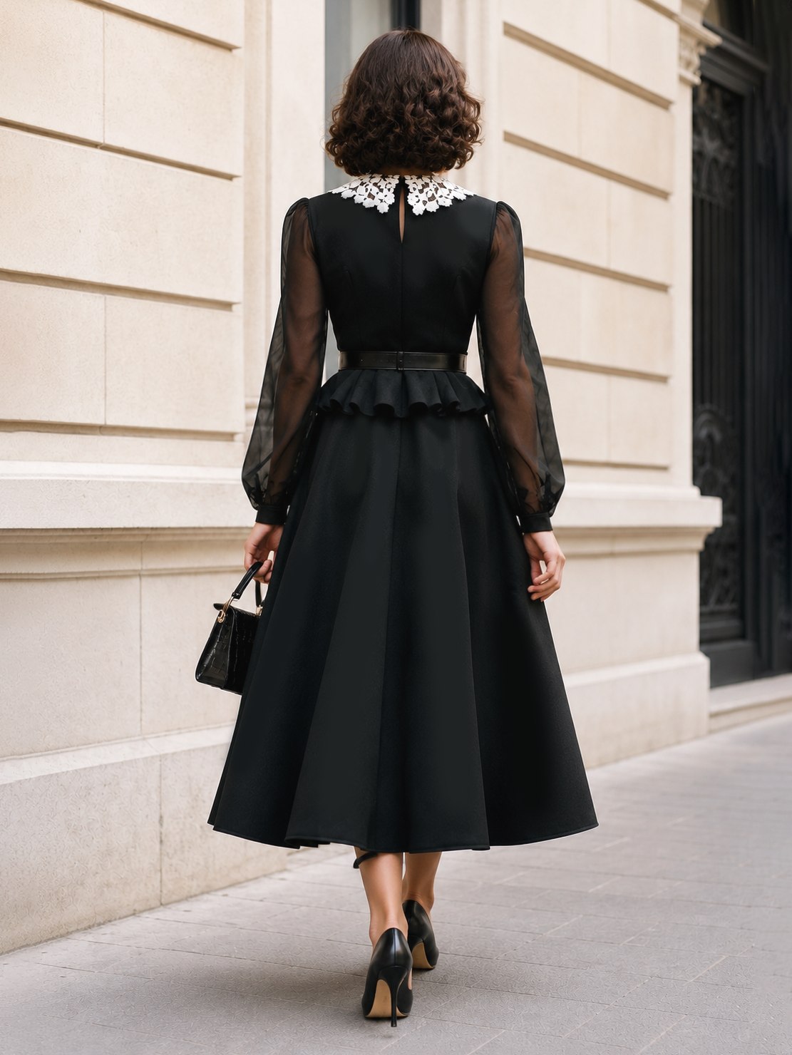 Vintage Lapel Ruffled Umbrella Midi Dress