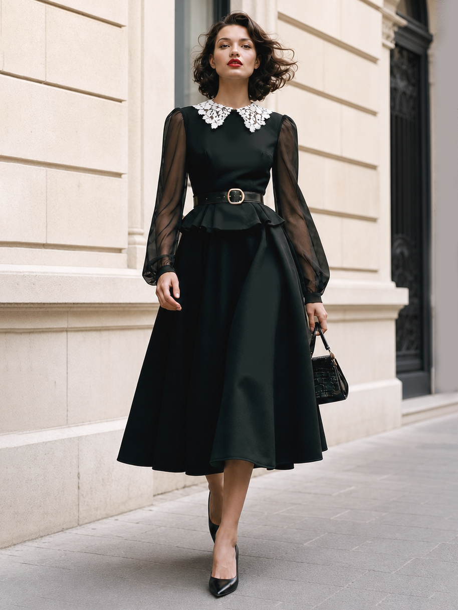 Vintage Lapel Ruffled Umbrella Midi Dress
