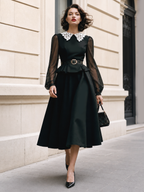 Vintage Lapel Ruffled Umbrella Midi Dress