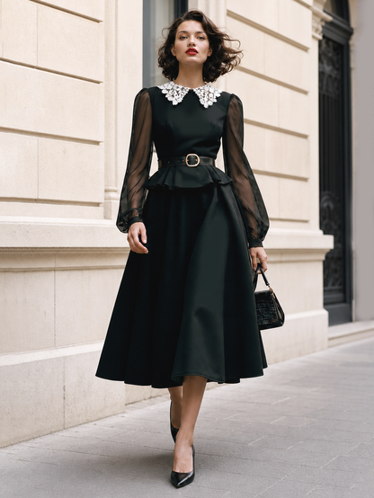 Vintage Lapel Ruffled Umbrella Dress