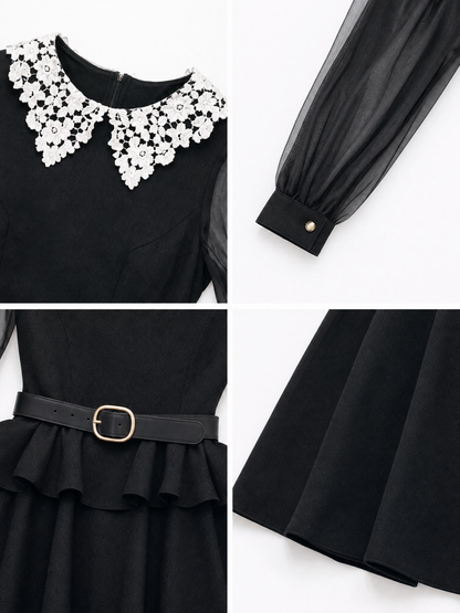 Vintage Lapel Ruffled Umbrella Dress