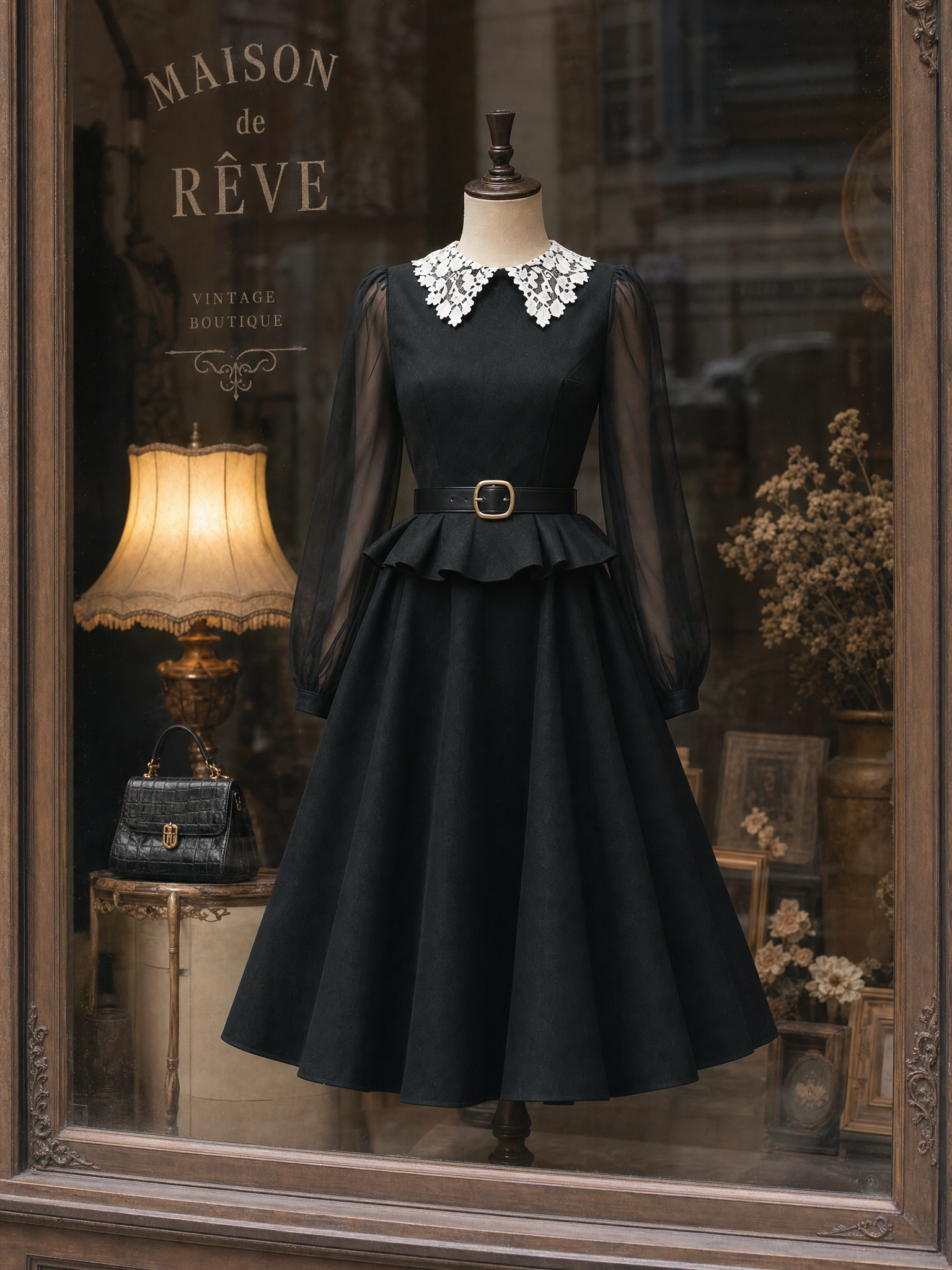 Vintage Lapel Ruffled Umbrella Midi Dress