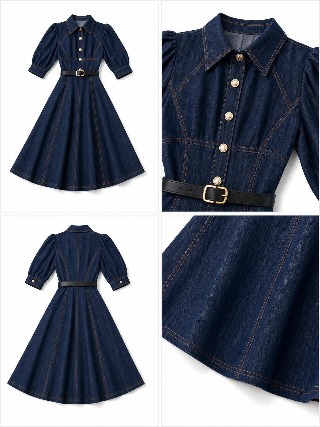 Vintage Washed Denim Waist-Cinched Midi Dress