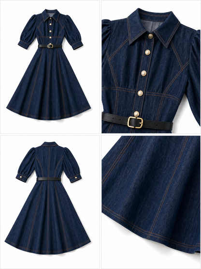 Vintage Washed Denim Waist-Cinched Dress