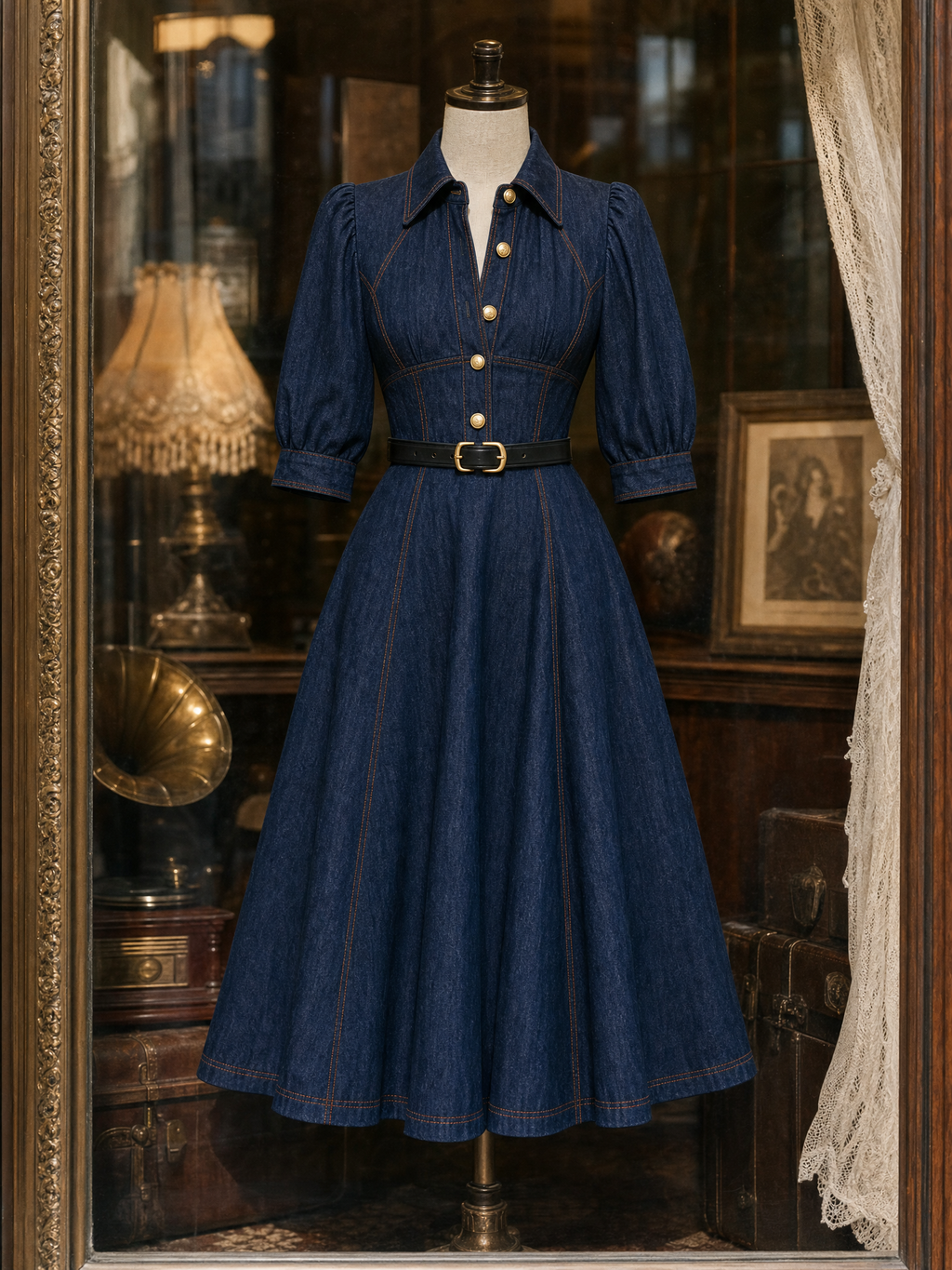 Vintage Washed Denim Waist-Cinched Midi Dress