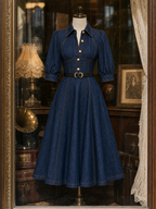 Vintage Washed Denim Waist-Cinched Midi Dress