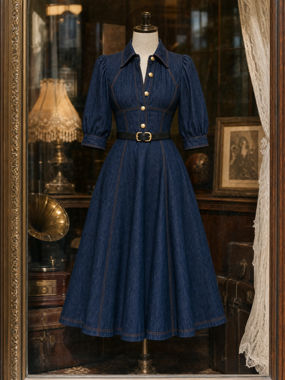 Vintage Washed Denim Waist-Cinched Dress