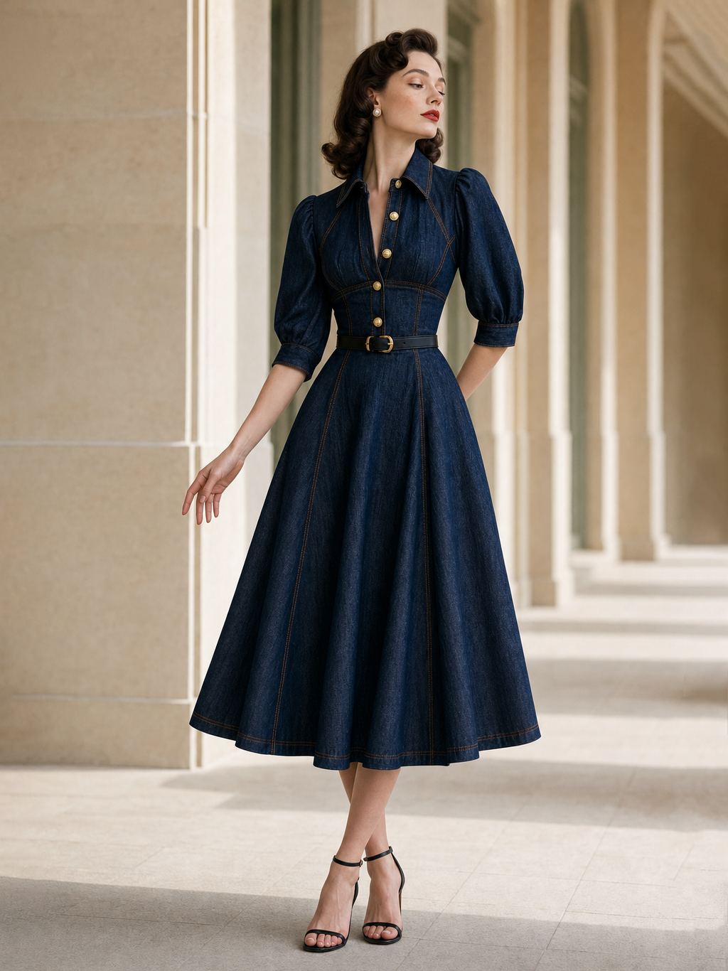 Vintage Washed Denim Waist-Cinched Midi Dress