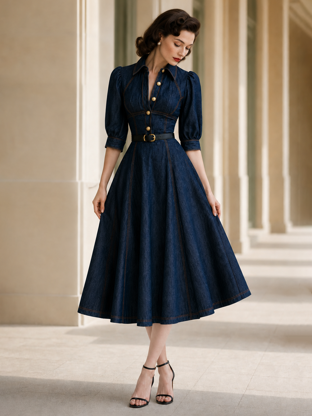 Vintage Washed Denim Waist-Cinched Midi Dress