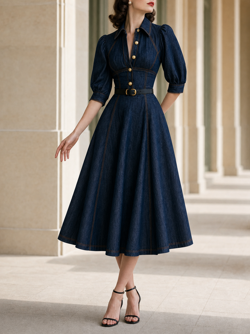 Vintage Washed Denim Waist-Cinched Midi Dress