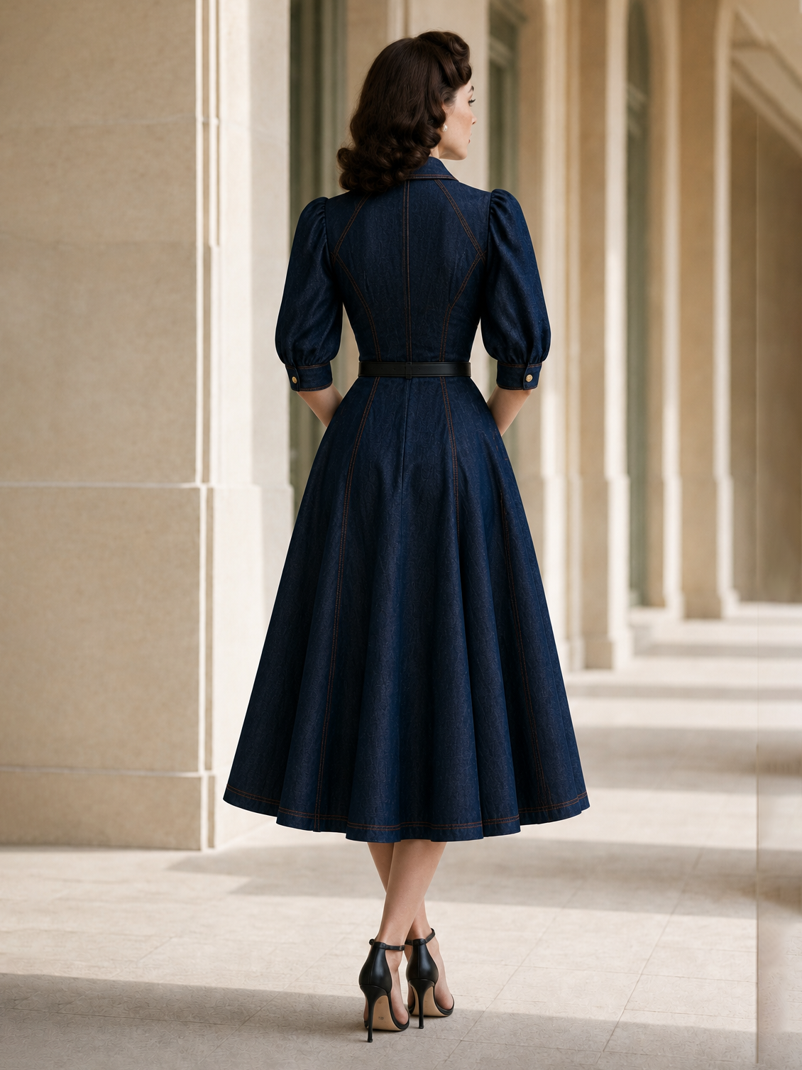 Vintage Washed Denim Waist-Cinched Midi Dress
