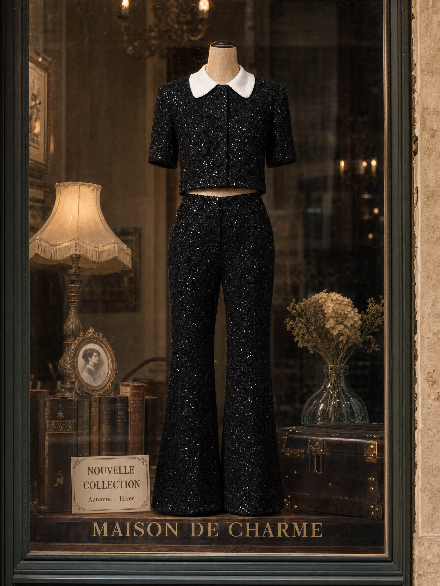 Vintage Lapel Sequin Tweed Pants Two-Piece Set